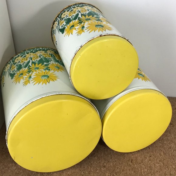 Vintage Tin Canister Set Yellow Flowers Kitchen - Picture 5 of 13